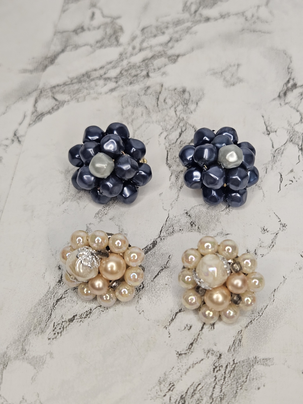 Japan & Honk Kong Signed Vintage Button Flower Clip-on Faux Pearl Earrings